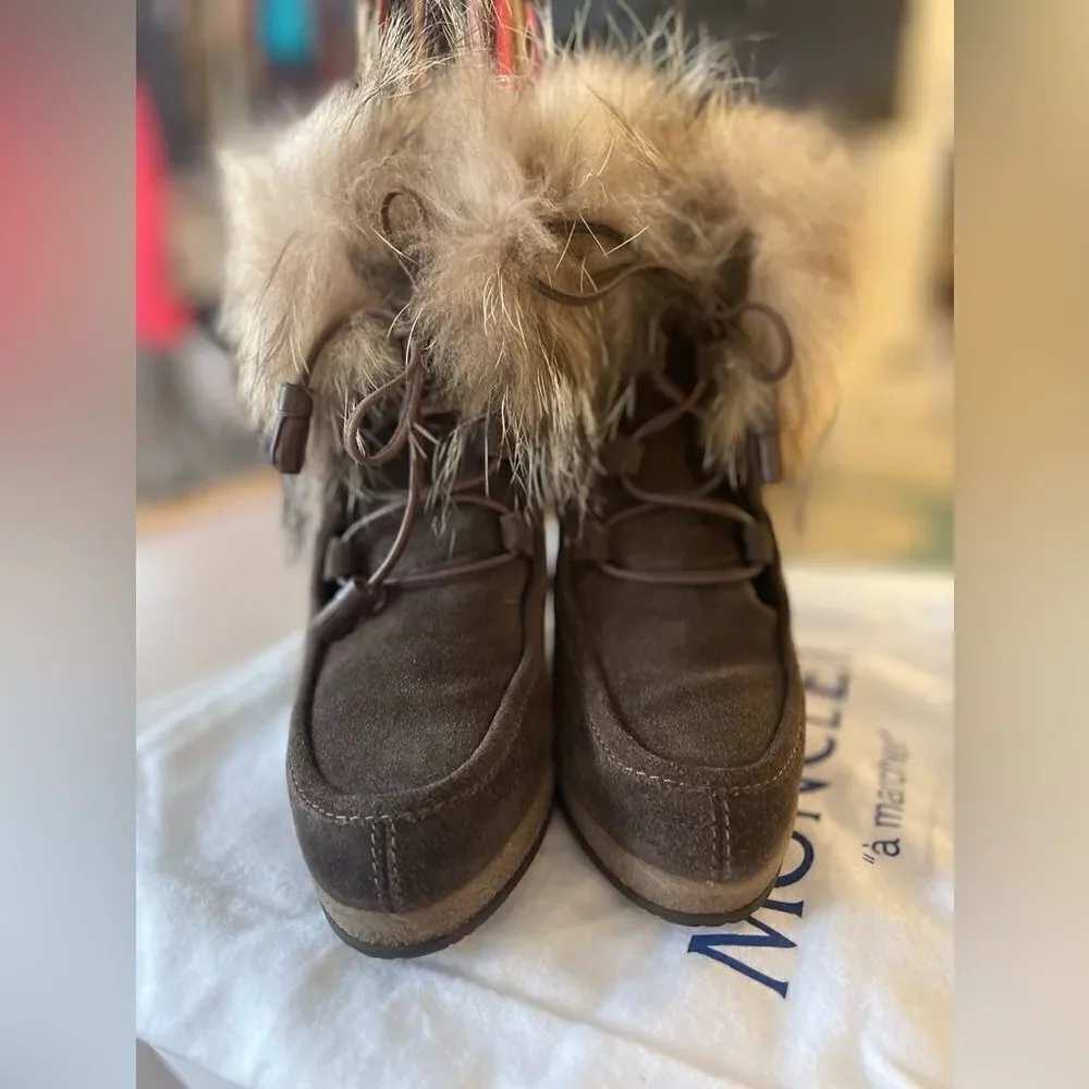 Moncler Charlotte Suede Wedge Boots with Fur Trim (Size 37) NWT Box and dustbag.